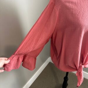 Express Coral Tie-Front Ruffle Sleeve Blouse